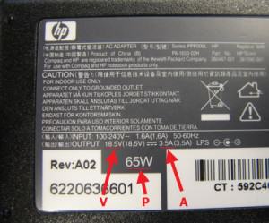 Etiqueta de adaptador: V = Voltaje, P = Potencia en vatios, A = Amperios.
