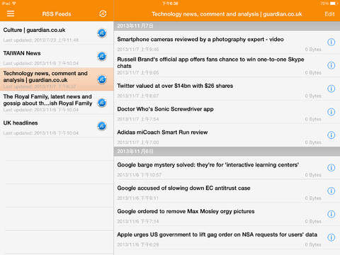 App DS Download para iPad - Pantalla canales RSS