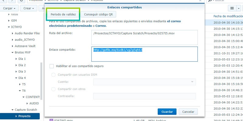 Tiempo designado para compartir archivos en Synology
