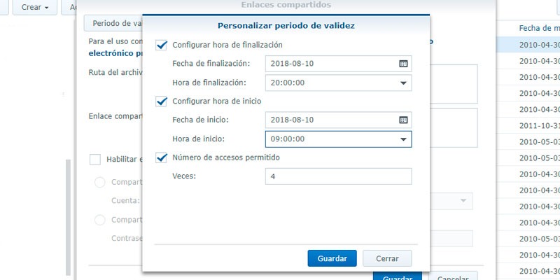 programar tiempo para compartir archivos en NAS