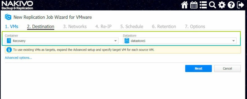 seleccionar el destino de las réplicas VMware