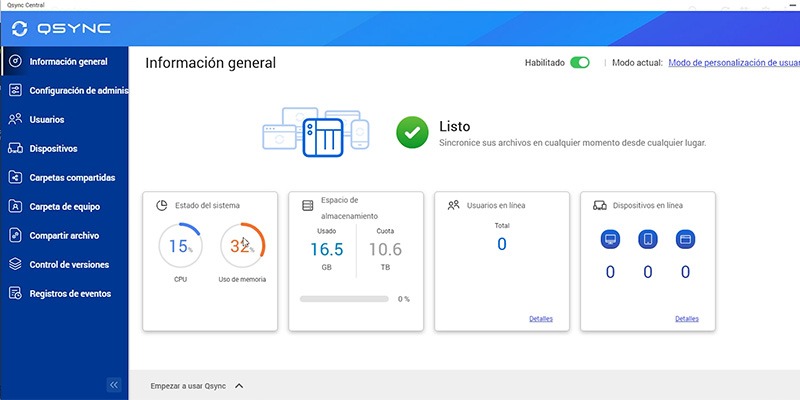 Panel de administración en el NAS