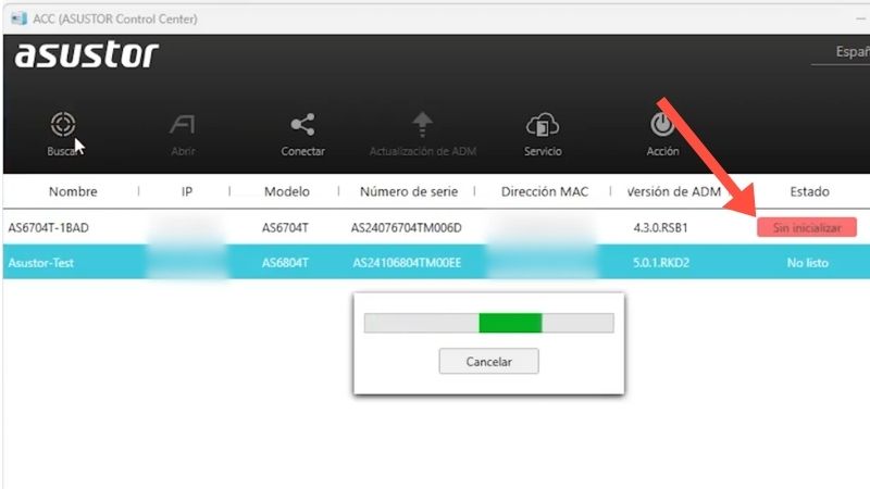 Captura de los primeros pasos con Asustor en Asustor Control Center (sin inicializar)